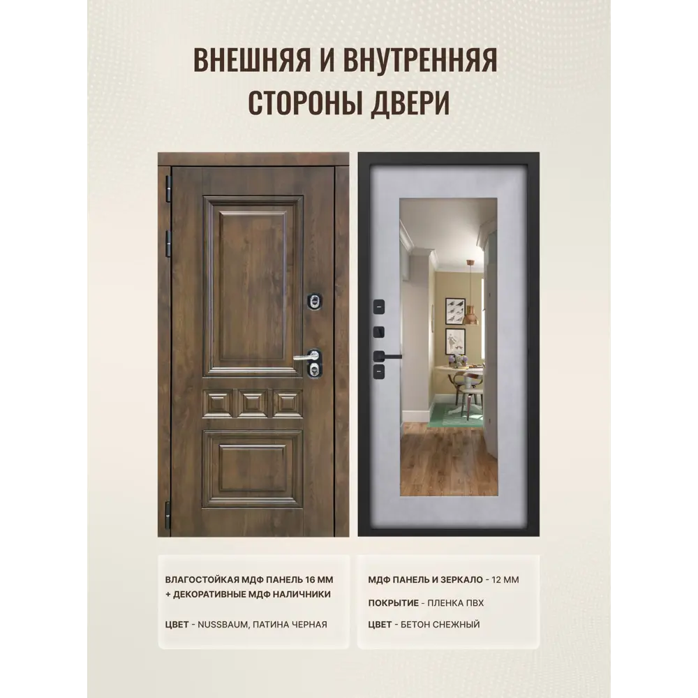 Фото 2 Входная дверь Дверипро Термо L Аура ФЛЗ-603 левый 205x96см цвет nussbaum патина черная/бетон снежный с зеркалом Фото 2 Входная дверь Дверипро Термо L Аура ФЛЗ-603 левый 205x96см цвет nussbaum патина черная/бетон снежный с зеркалом