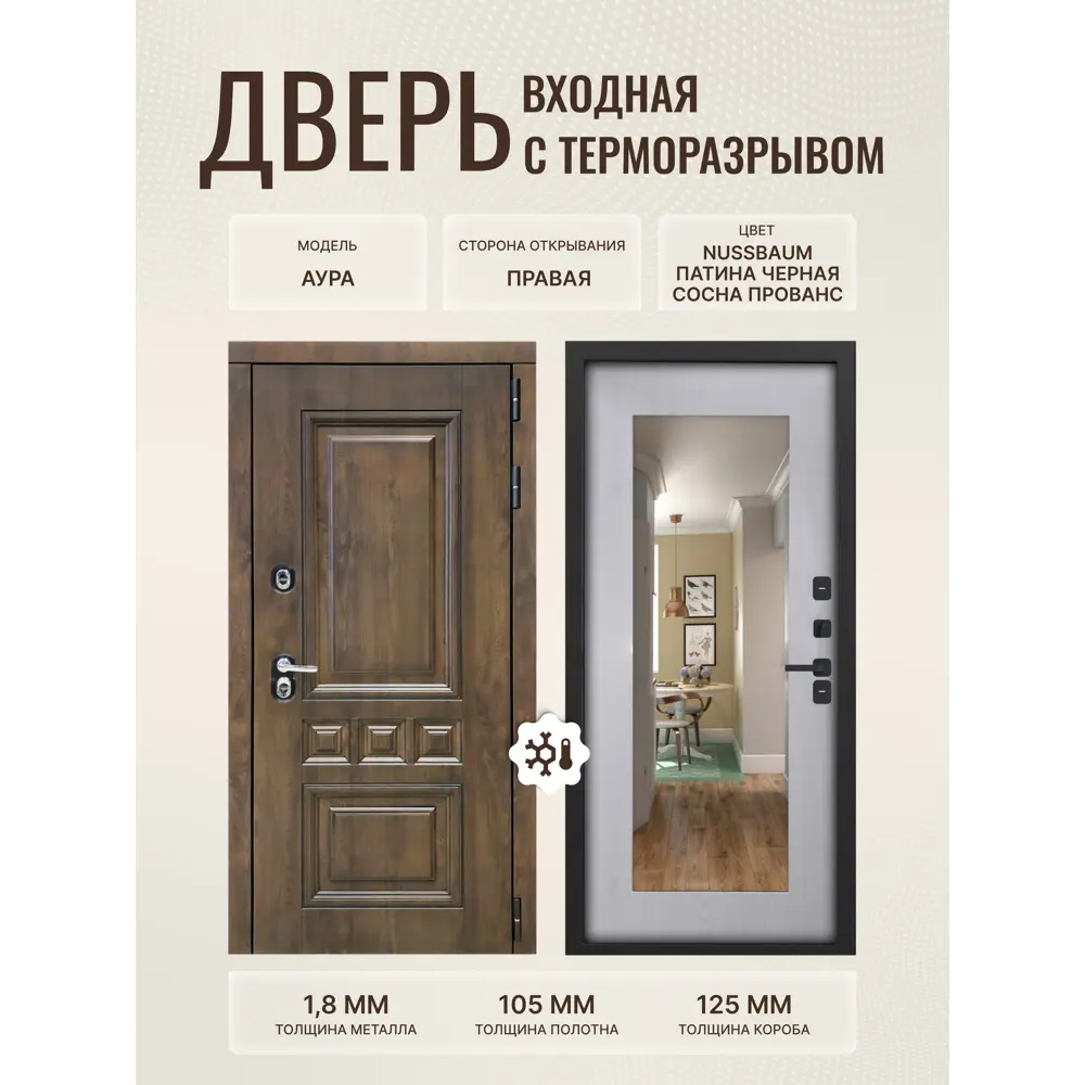 Фото Входная дверь Дверипро Термо L Аура ФЛЗ-603 правый 205x86см цвет nussbaum патина черная/сосна прованс с зеркалом Фото Входная дверь Дверипро Термо L Аура ФЛЗ-603 правый 205x86см цвет nussbaum патина черная/сосна прованс с зеркалом