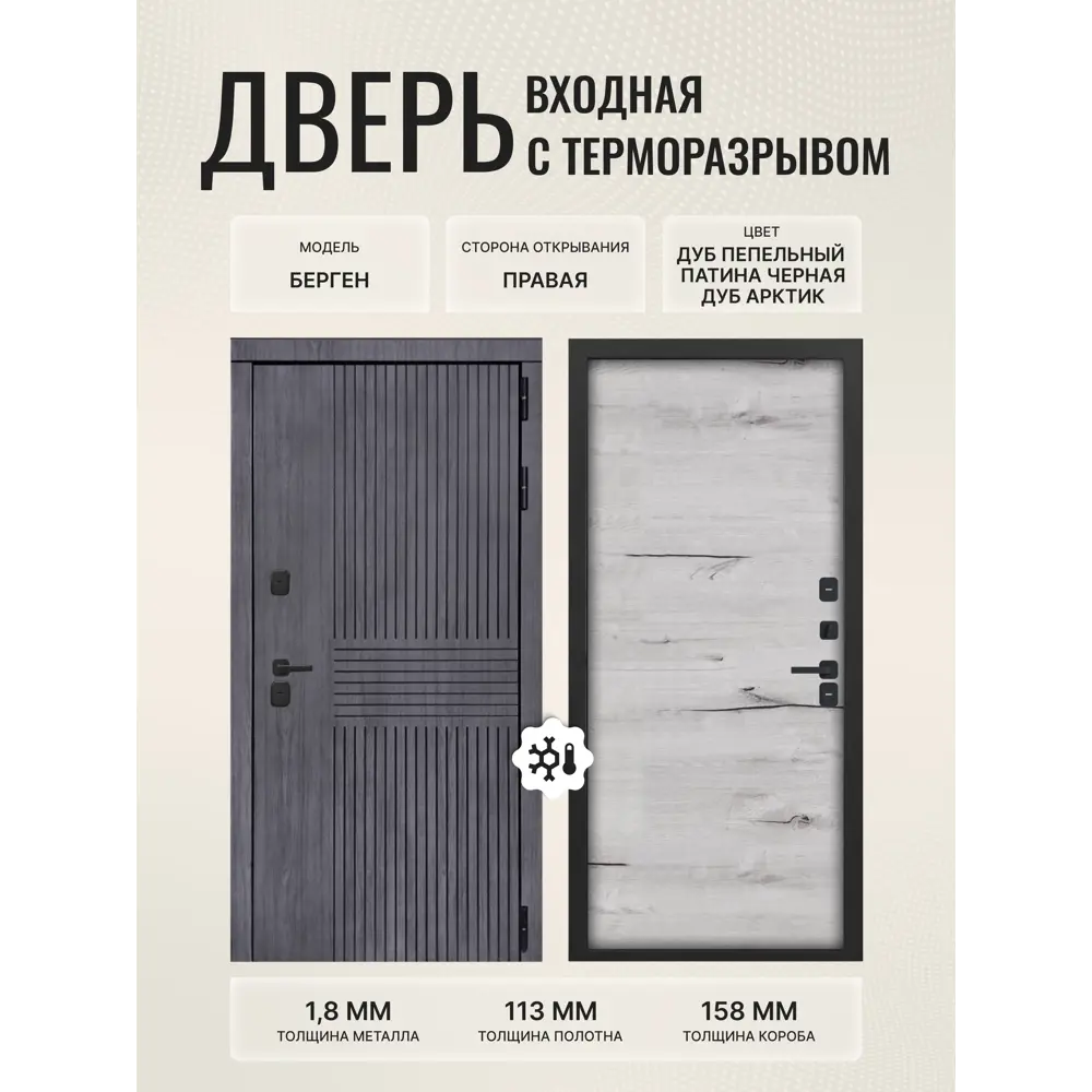 Фото Входная дверь Дверипро Термо L Берген правый 205x86см цвет дуб пепельный патина черная/дуб арктик Фото Входная дверь Дверипро Термо L Берген правый 205x86см цвет дуб пепельный патина черная/дуб арктик