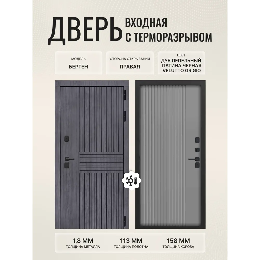 Фото Входная дверь Дверипро Термо L Берген правый 205x86см цвет дуб пепельный патина черная/velutto grigio Фото Входная дверь Дверипро Термо L Берген правый 205x86см цвет дуб пепельный патина черная/velutto grigio