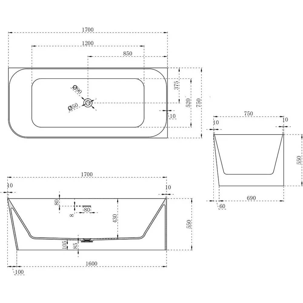 Фото 5 Ванна Abber Stein AS9621-1.7 R 170x75 см акриловая на ножках цвет белый матовый