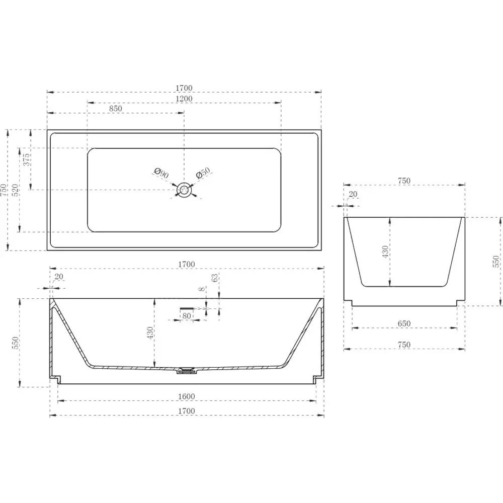 Фото 3 Ванна Abber Stein AS9602 170x75 см акриловая на ножках цвет белый матовый Фото 3 Ванна Abber Stein AS9602 170x75 см акриловая на ножках цвет белый матовый
