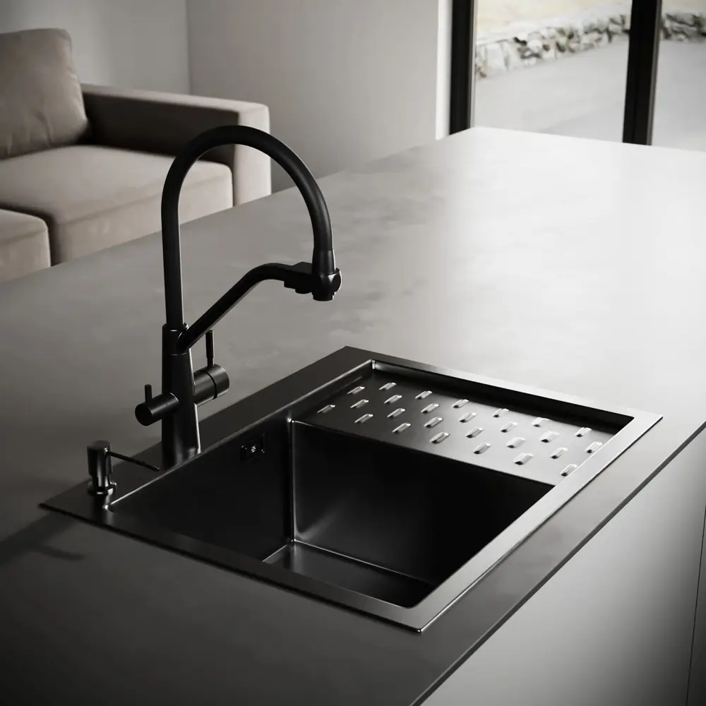 Фото 4 Врезная мойка РМС MRK-6350BL-L 63x50x20 см нержавеющая сталь цвет графитовый Фото 4 Врезная мойка РМС MRK-6350BL-L 63x50x20 см нержавеющая сталь цвет графитовый