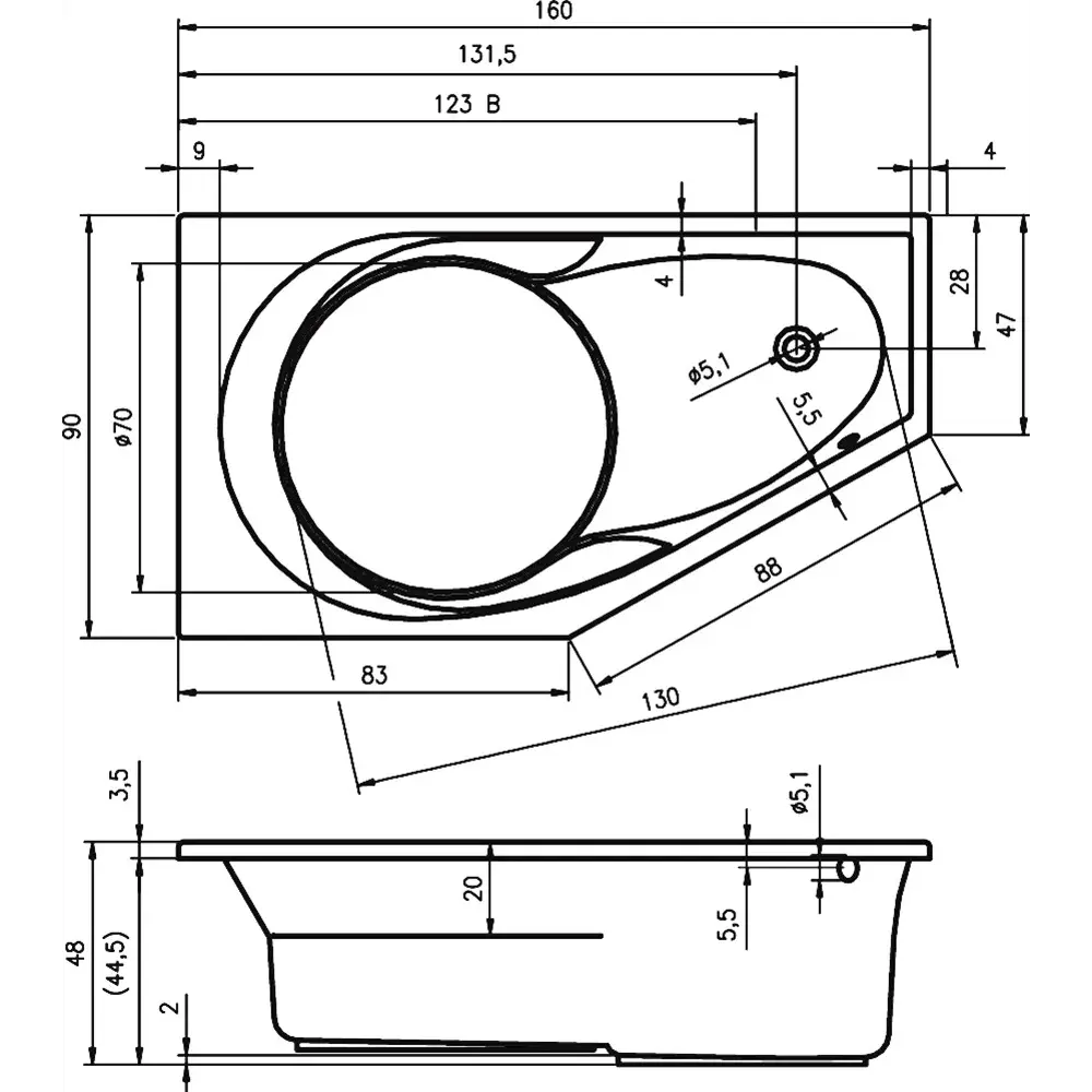 Фото 7 Ванна Riho Yukon B008001005 R 160x90 см асимметричная акриловая цвет белый Фото 7 Ванна Riho Yukon B008001005 R 160x90 см асимметричная акриловая цвет белый