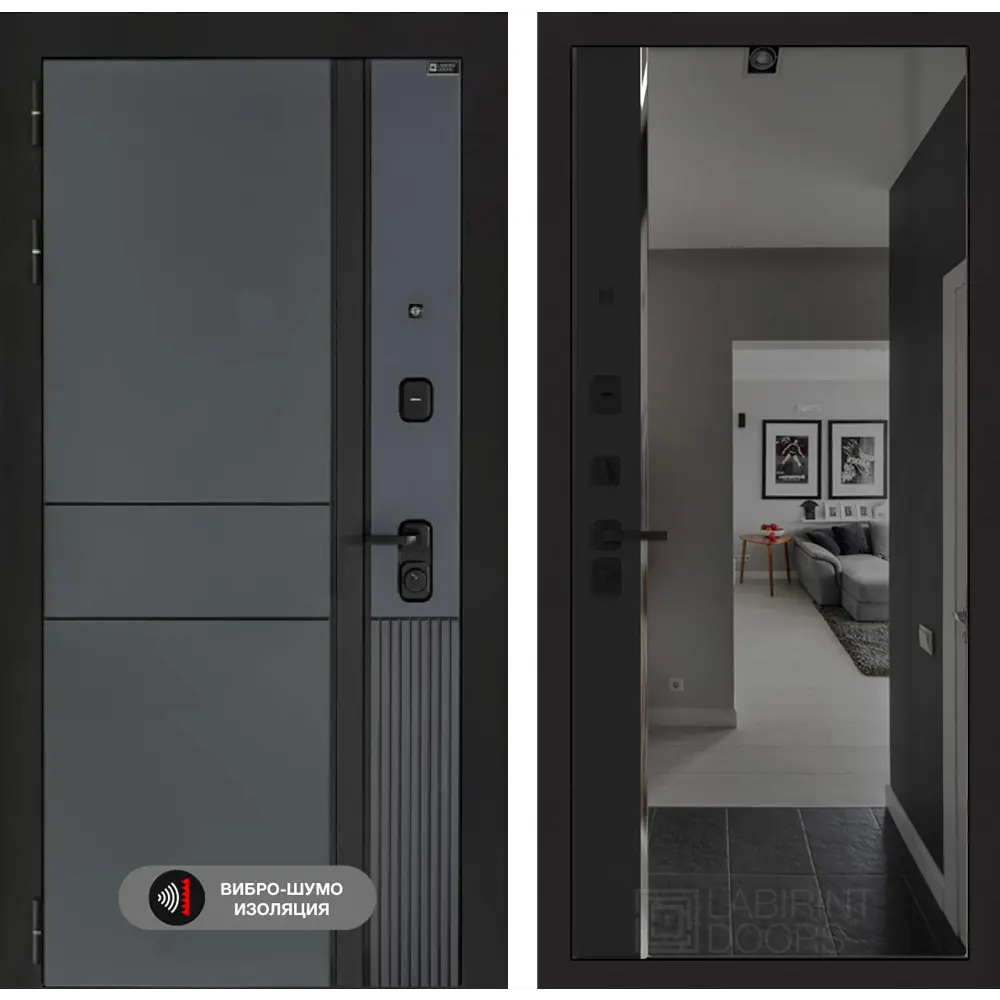 Фото Входная дверь Лабиринт Эволаб левый 205x96см цвет velluto oskuro/черный кварц с зеркалом Панорама