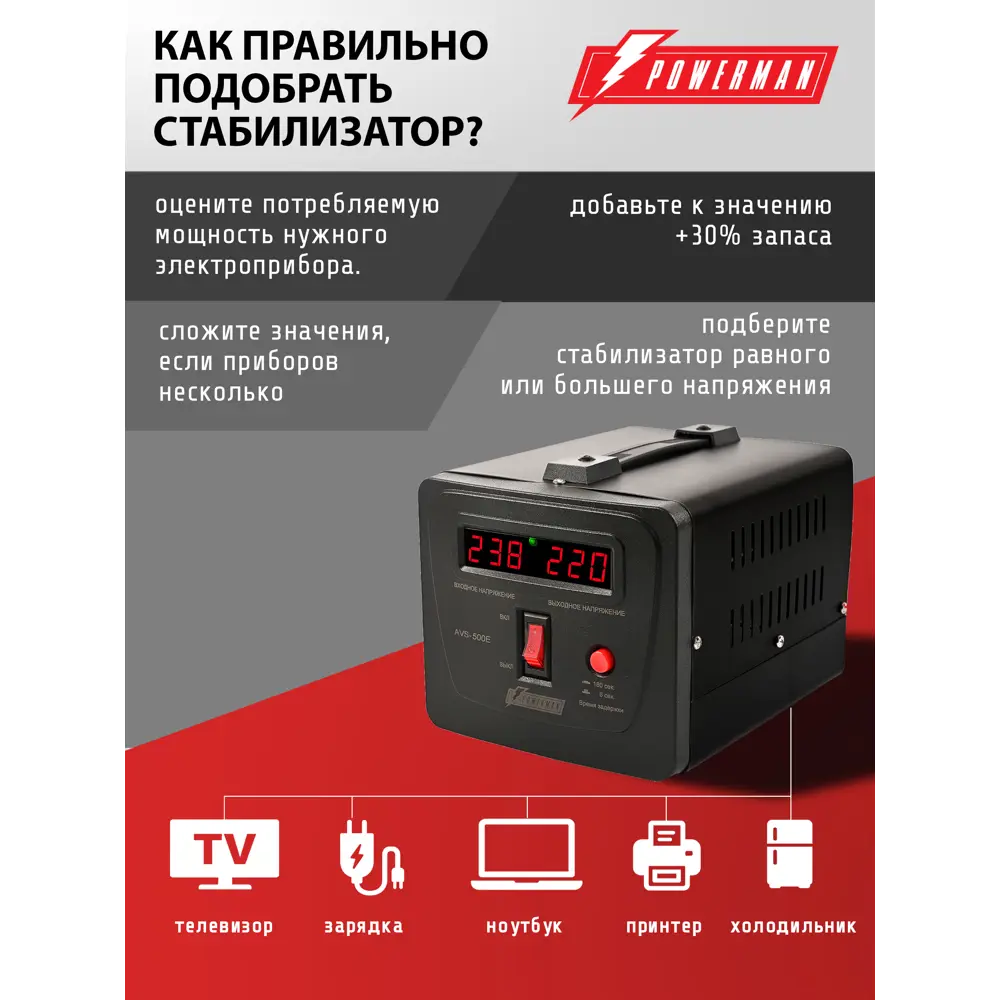 Фото 6 Стабилизатор напряжения Powerman AVS 1000 E Black однофазный 1000 ВА 130-260В