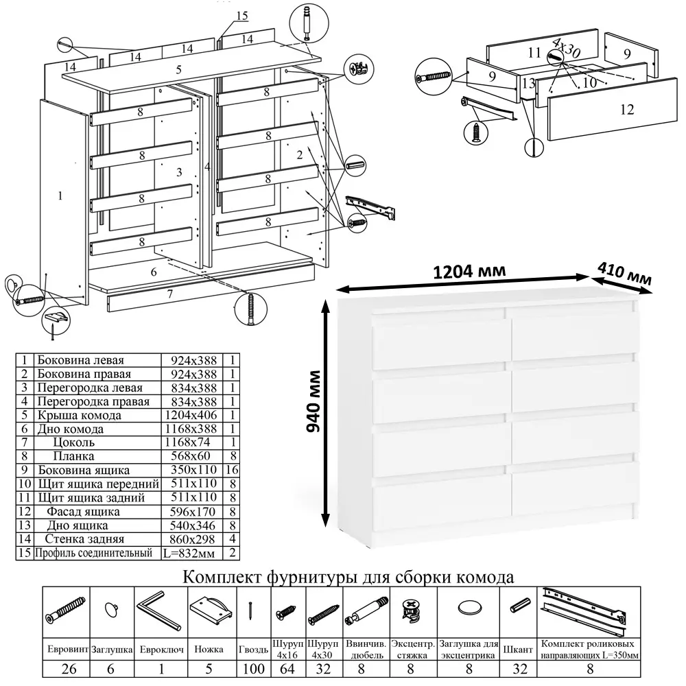 Фото 9 Комод СВК Мори МК1200.8 8 ящиков 120х41х94 см ЛДСП цвет белый Фото 9 Комод СВК Мори МК1200.8 8 ящиков 120х41х94 см ЛДСП цвет белый