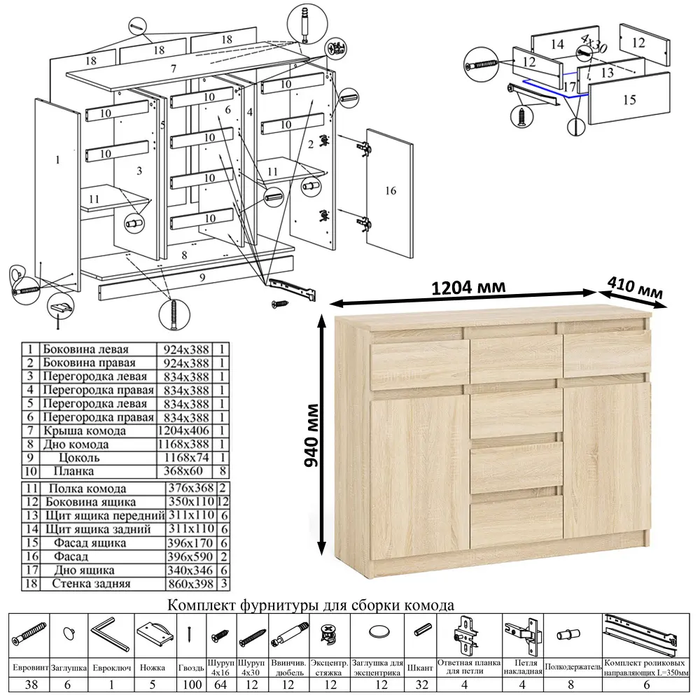 Фото 8 Комод СВК Мори МК1200.4 6 ящиков 120х41х94 см ЛДСП цвет дуб сонома