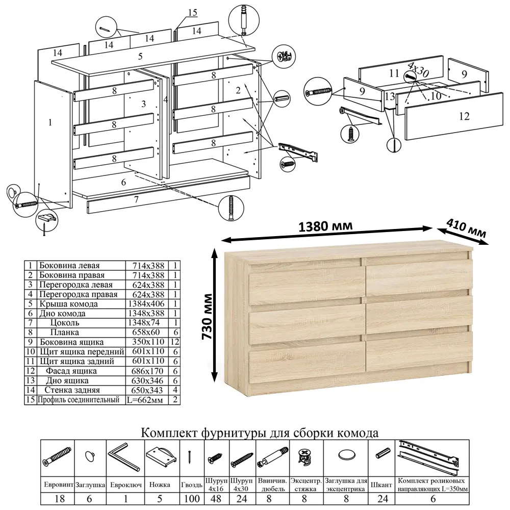 Фото 7 Комод СВК Мори МК1380 6 ящиков 138х41х73 см ЛДСП цвет дуб сонома