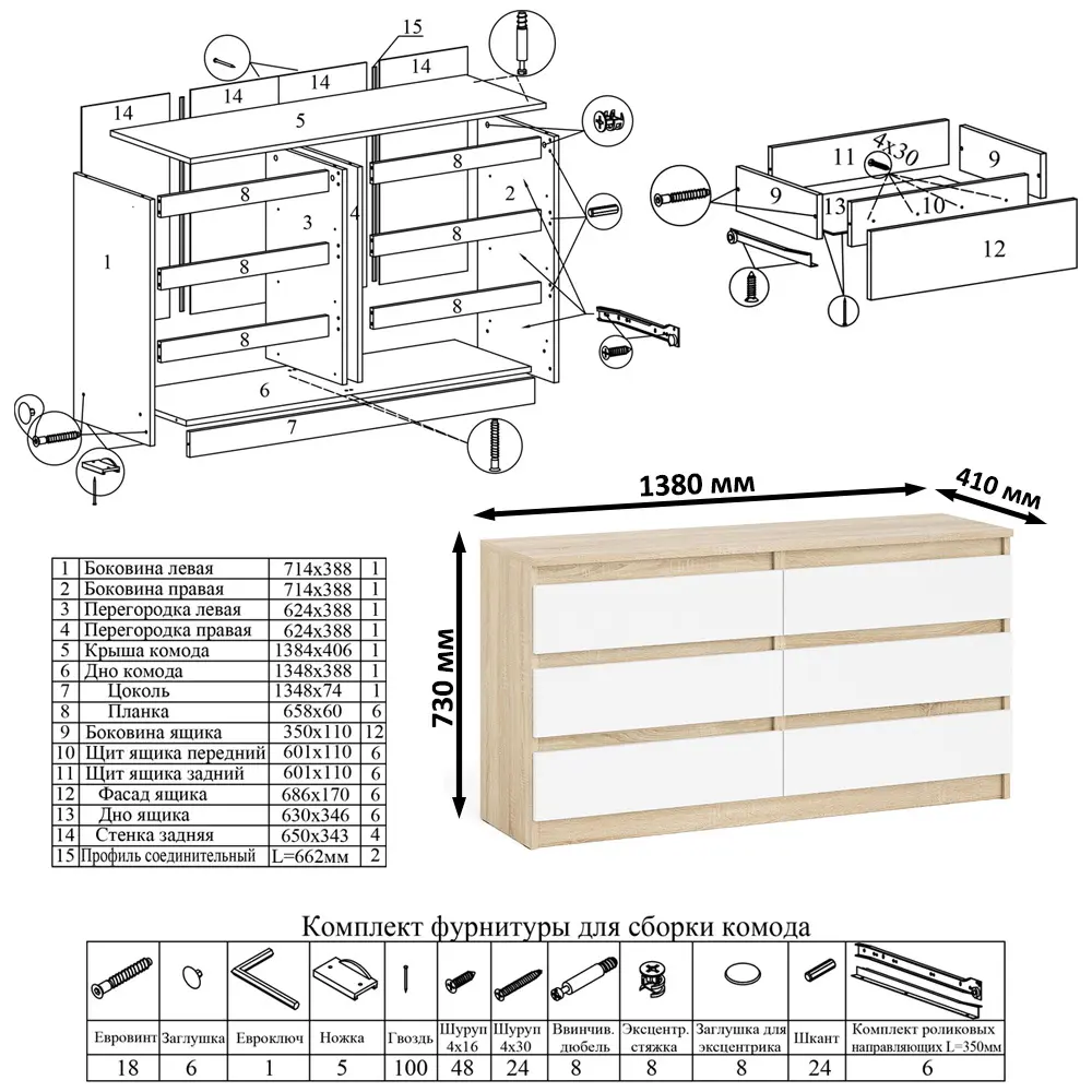 Фото 7 Комод СВК Мори МК1380 6 ящиков 138х41х73 см ЛДСП цвет дуб сонома/белый Фото 7 Комод СВК Мори МК1380 6 ящиков 138х41х73 см ЛДСП цвет дуб сонома/белый