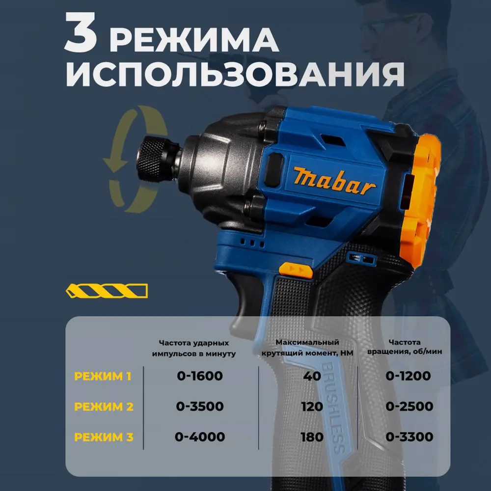 Фото 5 Винтоверт ударный аккумуляторный бесщеточный Mabar 1801-2.0, 16 В Li-Ion 2x2 Ач, 180 Нм Фото 5 Винтоверт ударный аккумуляторный бесщеточный Mabar 1801-2.0, 16 В Li-Ion 2x2 Ач, 180 Нм