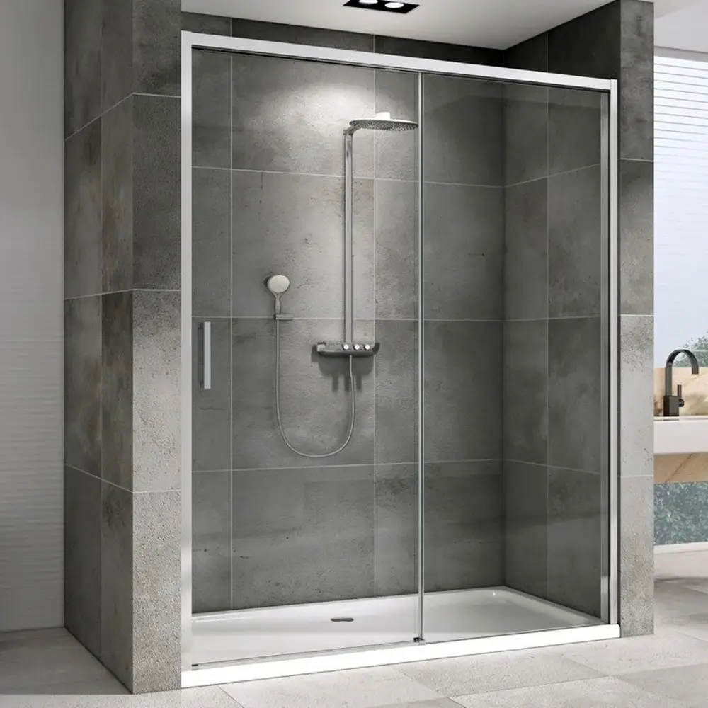 Фото Душевая дверь Abber AG93140 140см эффект стекла прозрачный раздвижной профиль хром Фото Душевая дверь Abber AG93140 140см эффект стекла прозрачный раздвижной профиль хром