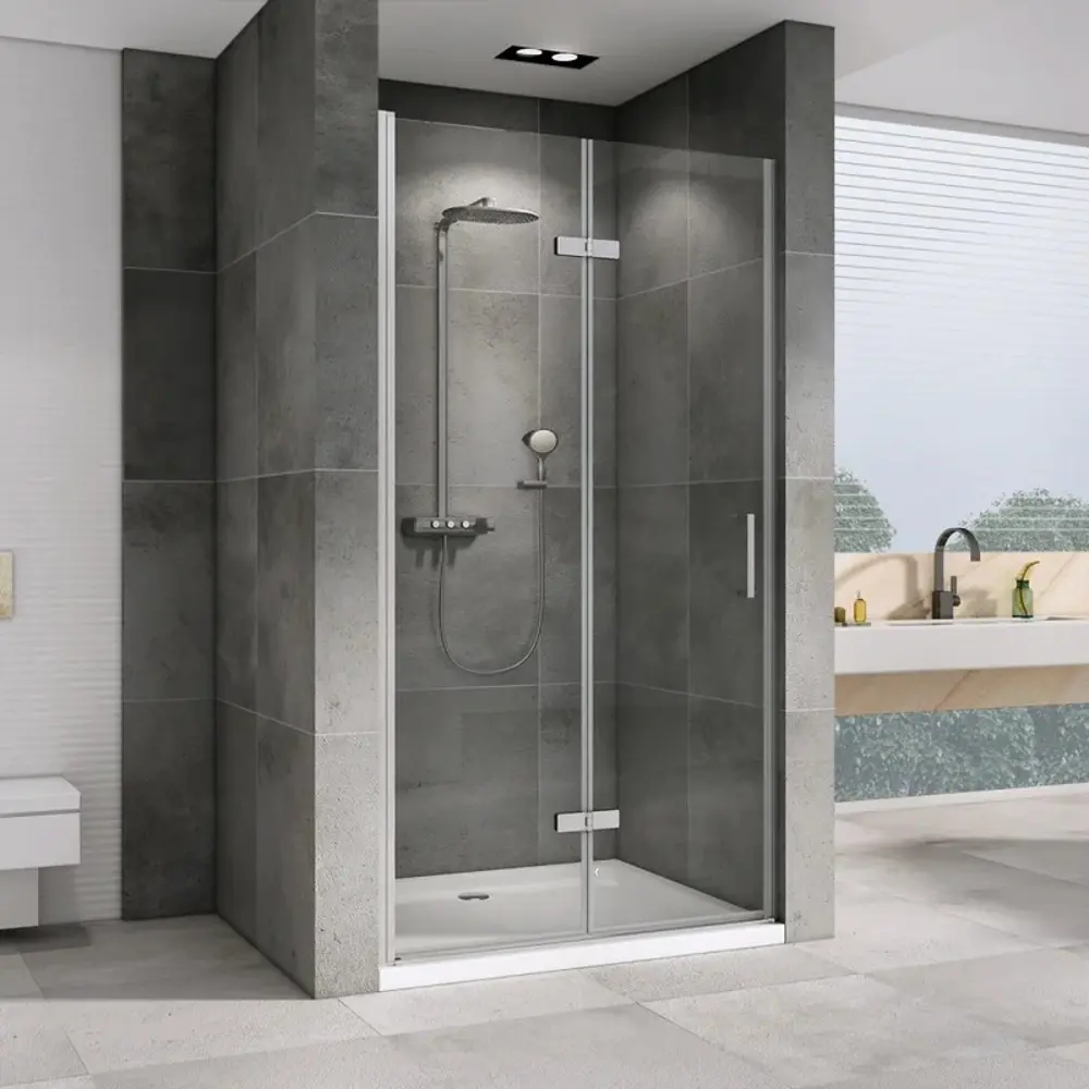 Фото 2 Душевая дверь Abber AG08090P 90см эффект стекла прозрачный складной профиль хром Фото 2 Душевая дверь Abber AG08090P 90см эффект стекла прозрачный складной профиль хром