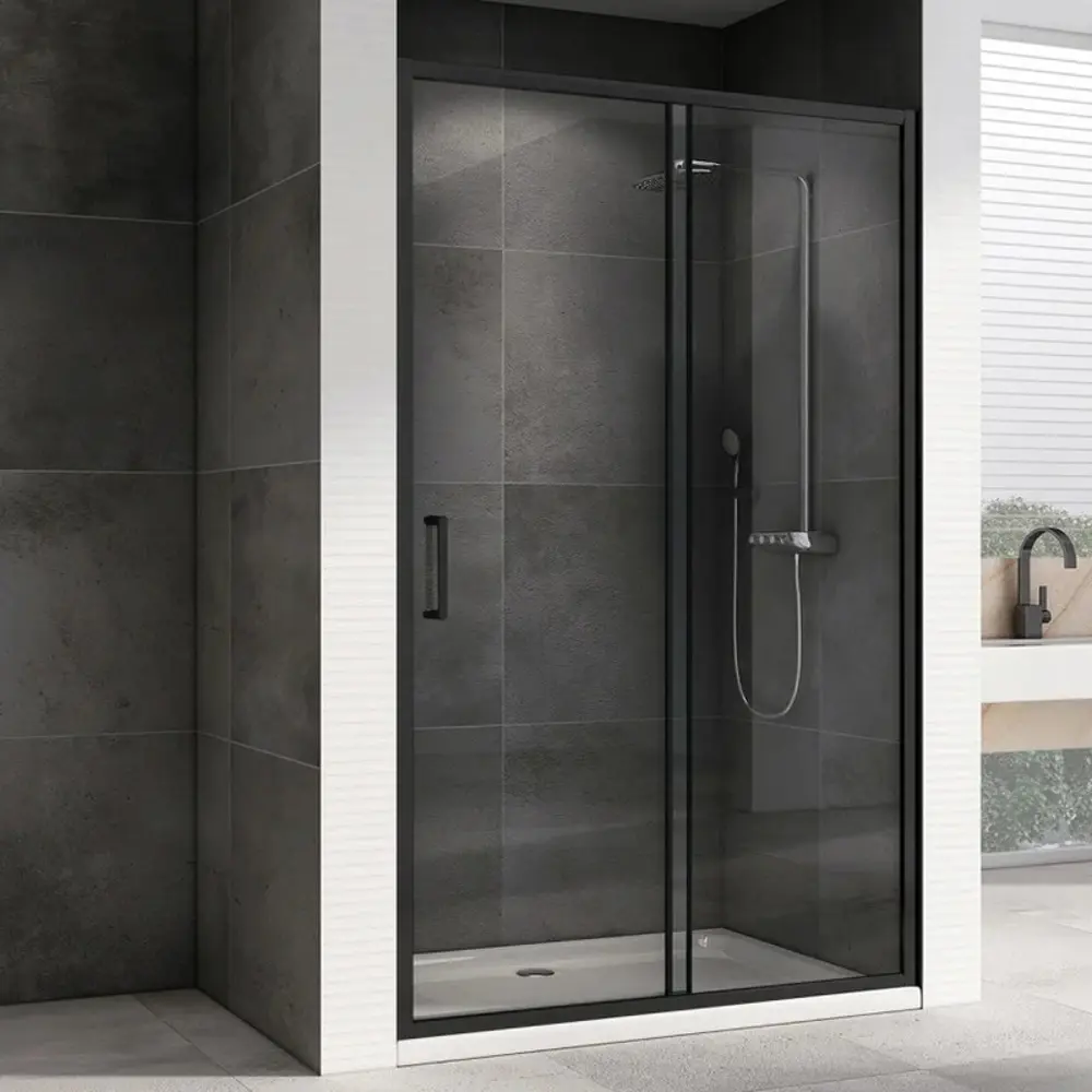 Фото Душевая дверь Abber AG30140B5 140см эффект стекла прозрачный раздвижной профиль черный