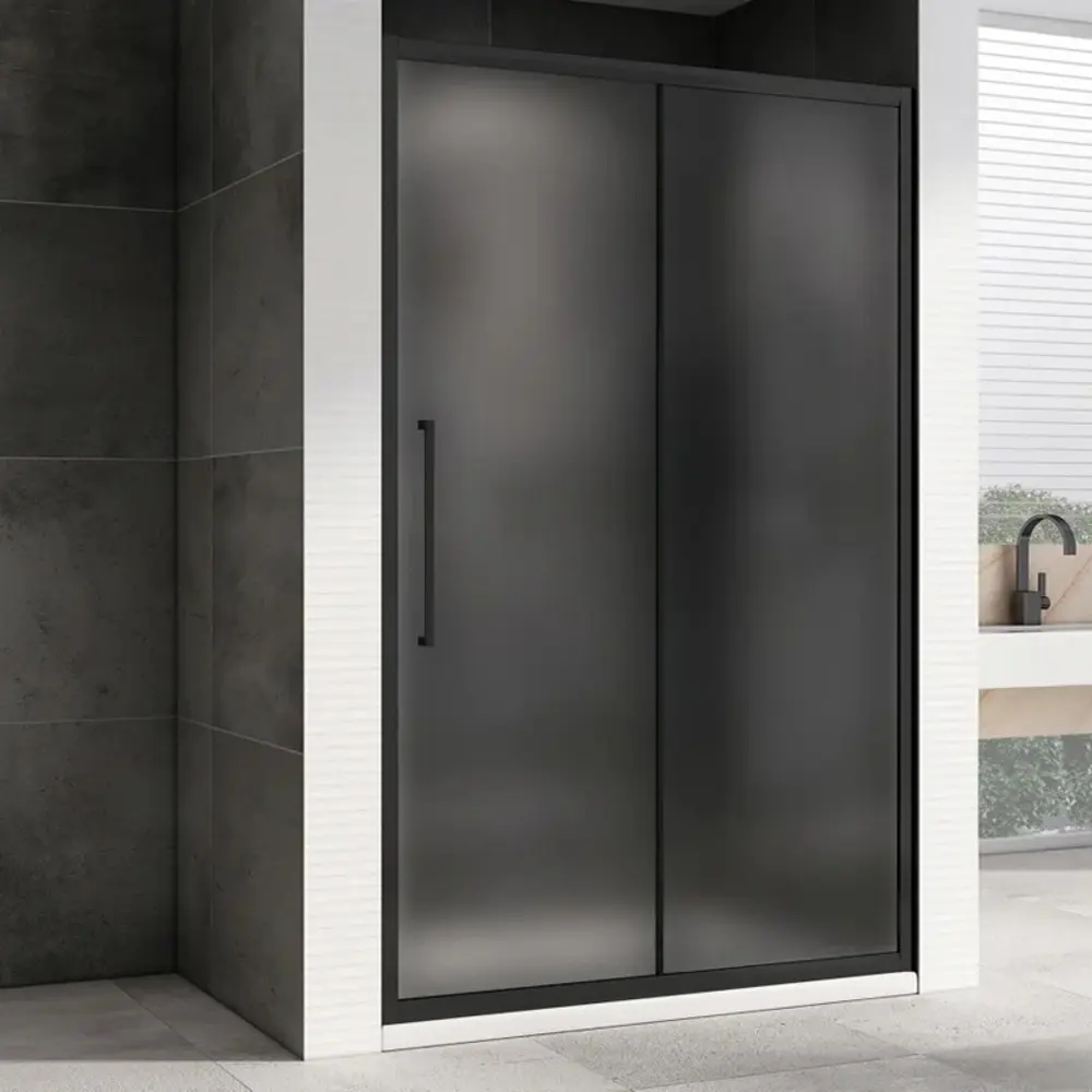 Фото Душевая дверь Abber AG30160BMH 160см эффект стекла матовый раздвижной профиль черный Фото Душевая дверь Abber AG30160BMH 160см эффект стекла матовый раздвижной профиль черный