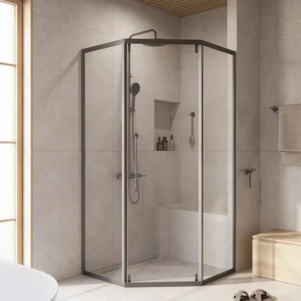 Фото Душевой уголок Cezares Relax RELAX-304-P-1-100-C-GM пятиугольный 100x100см хромированный профиль эффект стекла прозрачный Фото Душевой уголок Cezares Relax RELAX-304-P-1-100-C-GM пятиугольный 100x100см хромированный профиль эффект стекла прозрачный