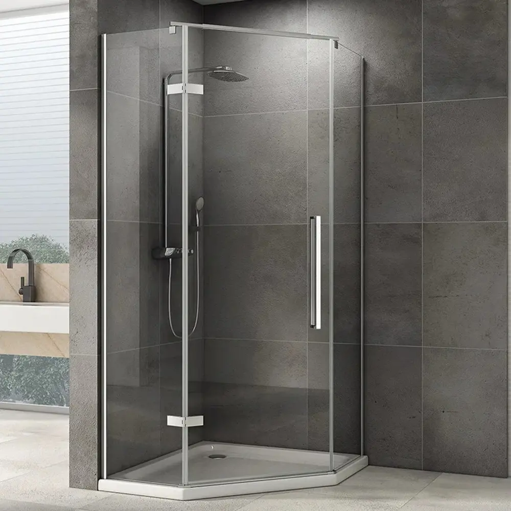 Фото Душевой уголок Abber Ewiges Wasser AG05100 пятиугольный 100x100см серебристый блеск профиль эффект стекла прозрачный