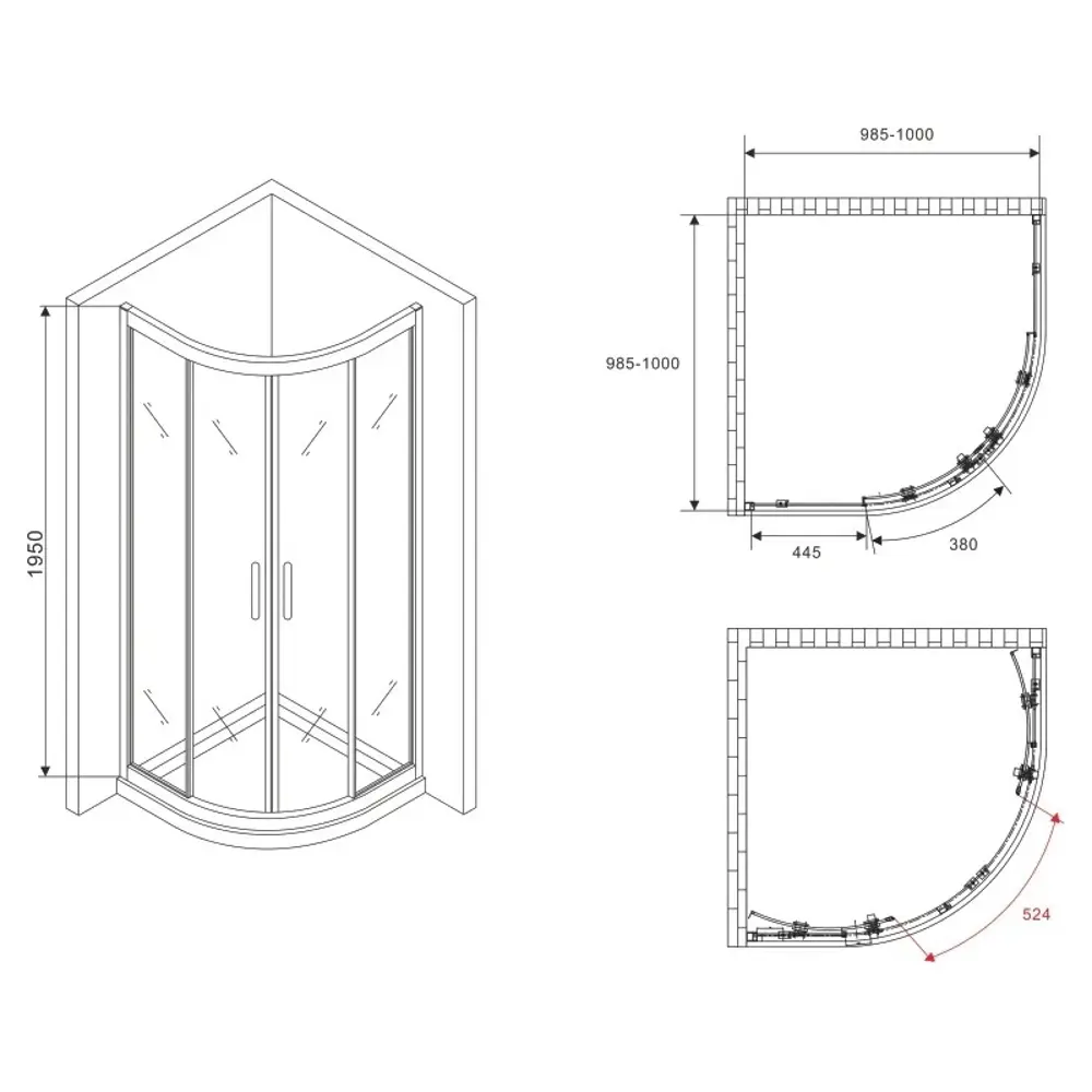 Фото 3 Душевой уголок Abber Schwarzer Diamant AG01100 1/4 круга 100x100см серебристый блеск профиль эффект стекла прозрачный