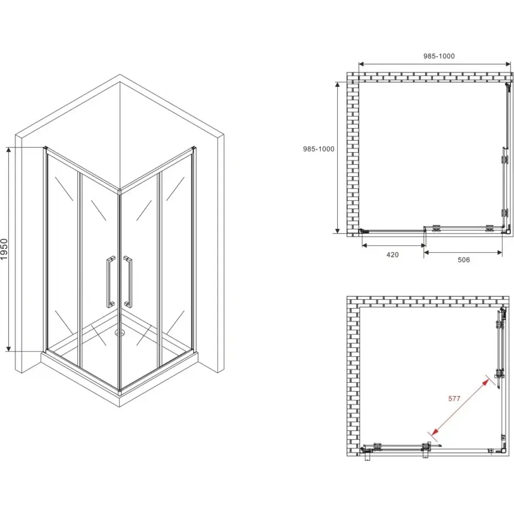 Фото 3 Душевой уголок Abber Schwarzer Diamant AG02100H квадратный 100x100см серебристый блеск профиль эффект стекла прозрачный