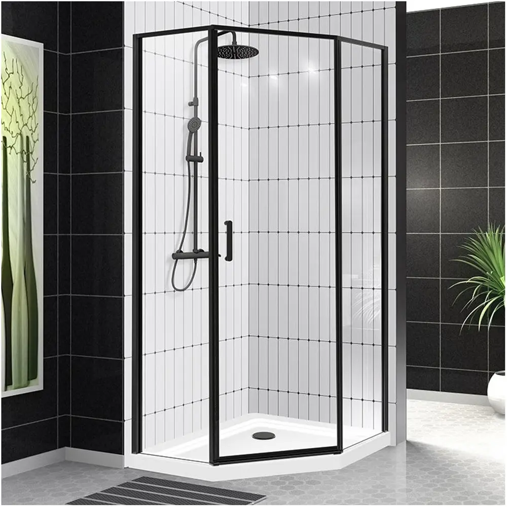 Фото Душевой уголок Belbagno Uno UNO-195-P-1-90-C-NERO пятиугольный 90x90см черный профиль эффект стекла прозрачный Фото Душевой уголок Belbagno Uno UNO-195-P-1-90-C-NERO пятиугольный 90x90см черный профиль эффект стекла прозрачный