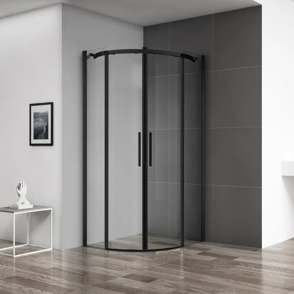 Фото Душевой уголок Belbagno Acqua ACQUA-R-2-90-C-NERO 1/4 круга 90x90см черный профиль эффект стекла прозрачный