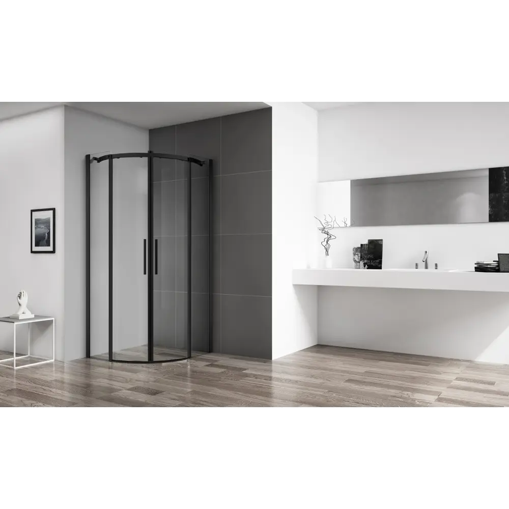 Фото 2 Душевой уголок Belbagno Acqua ACQUA-R-2-90-C-NERO 1/4 круга 90x90см черный профиль эффект стекла прозрачный