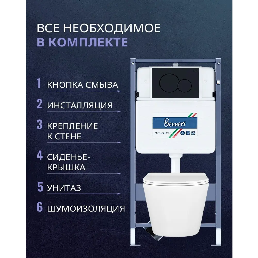 Фото 2 Комплект инсталляция и унитаз Benneri B4.53.019D.AQ1904 с кнопкой и сиденьем микролифт Фото 2 Комплект инсталляция и унитаз Benneri B4.53.019D.AQ1904 с кнопкой и сиденьем микролифт
