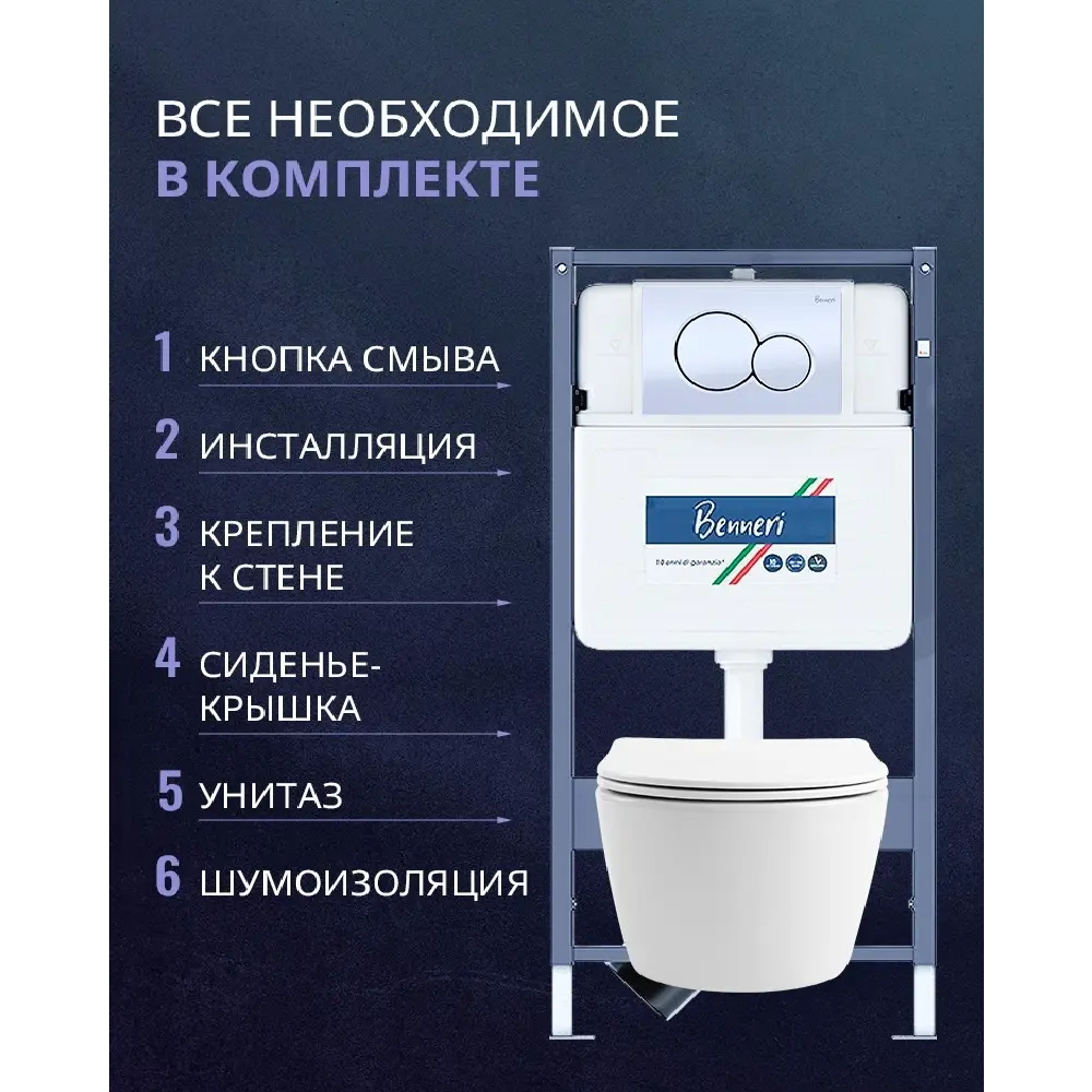 Фото 2 Комплект инсталляция и унитаз Benneri B4.53.019A.AQ1106L с кнопкой и сиденьем микролифт