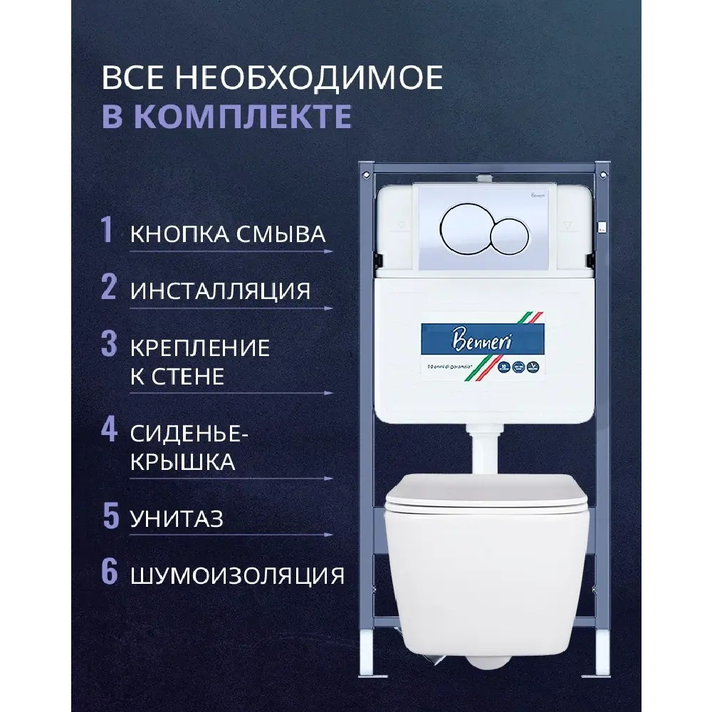 Фото 2 Комплект инсталляция и унитаз Benneri B4.53.019A.AQ0530N с кнопкой и сиденьем микролифт Фото 2 Комплект инсталляция и унитаз Benneri B4.53.019A.AQ0530N с кнопкой и сиденьем микролифт
