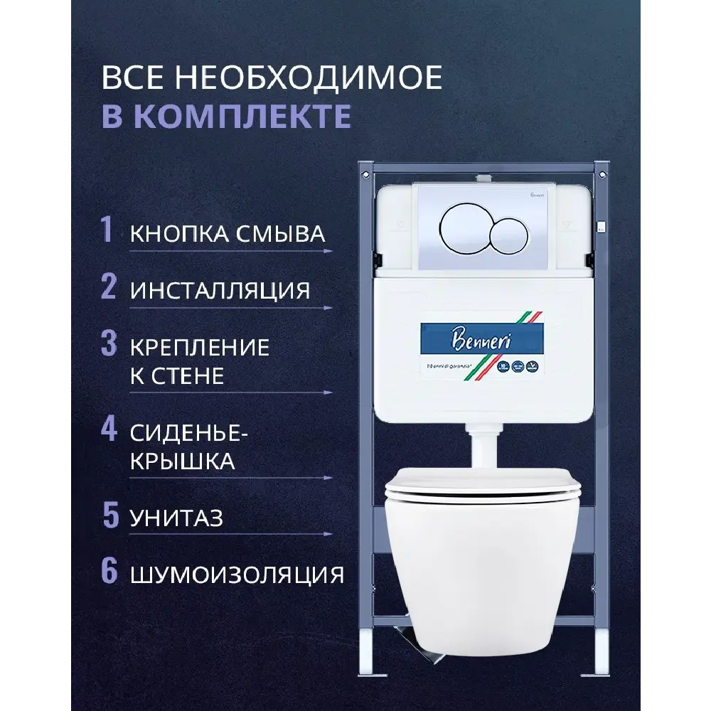 Фото 2 Комплект инсталляция и унитаз Benneri B4.53.019A.AQ1901 с кнопкой и сиденьем микролифт Фото 2 Комплект инсталляция и унитаз Benneri B4.53.019A.AQ1901 с кнопкой и сиденьем микролифт