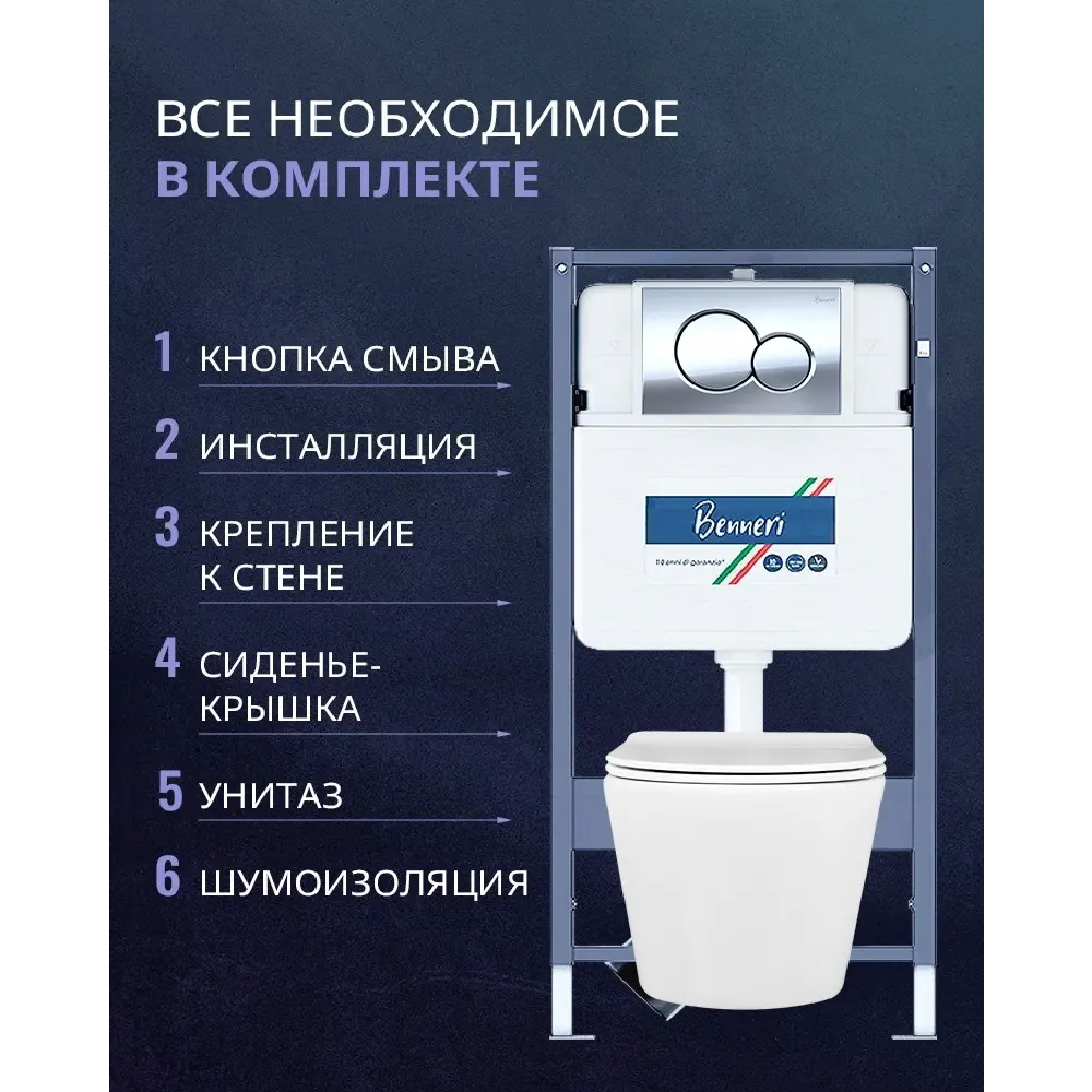 Фото 2 Комплект инсталляция и унитаз Benneri B4.53.019B.AQ1905 с кнопкой и сиденьем микролифт Фото 2 Комплект инсталляция и унитаз Benneri B4.53.019B.AQ1905 с кнопкой и сиденьем микролифт