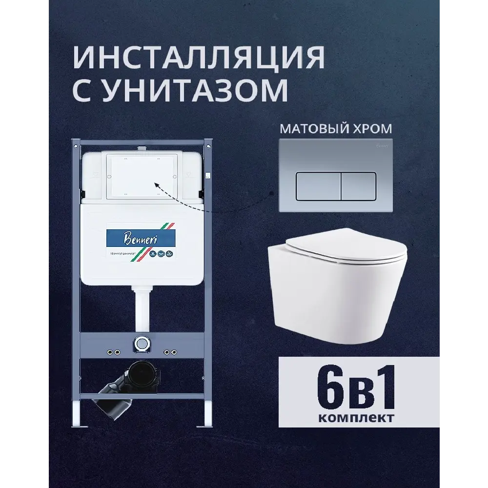 Фото Комплект инсталляция и унитаз Benneri B4.53.015C.AQ1904 с кнопкой и сиденьем микролифт Фото Комплект инсталляция и унитаз Benneri B4.53.015C.AQ1904 с кнопкой и сиденьем микролифт