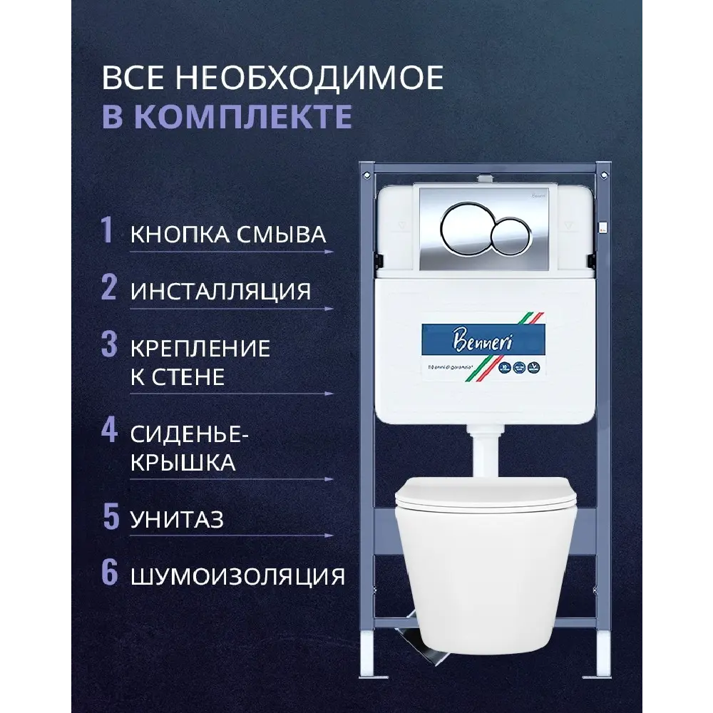 Фото 2 Комплект инсталляция и унитаз Benneri B4.53.019B.AQ1904 с кнопкой и сиденьем микролифт Фото 2 Комплект инсталляция и унитаз Benneri B4.53.019B.AQ1904 с кнопкой и сиденьем микролифт