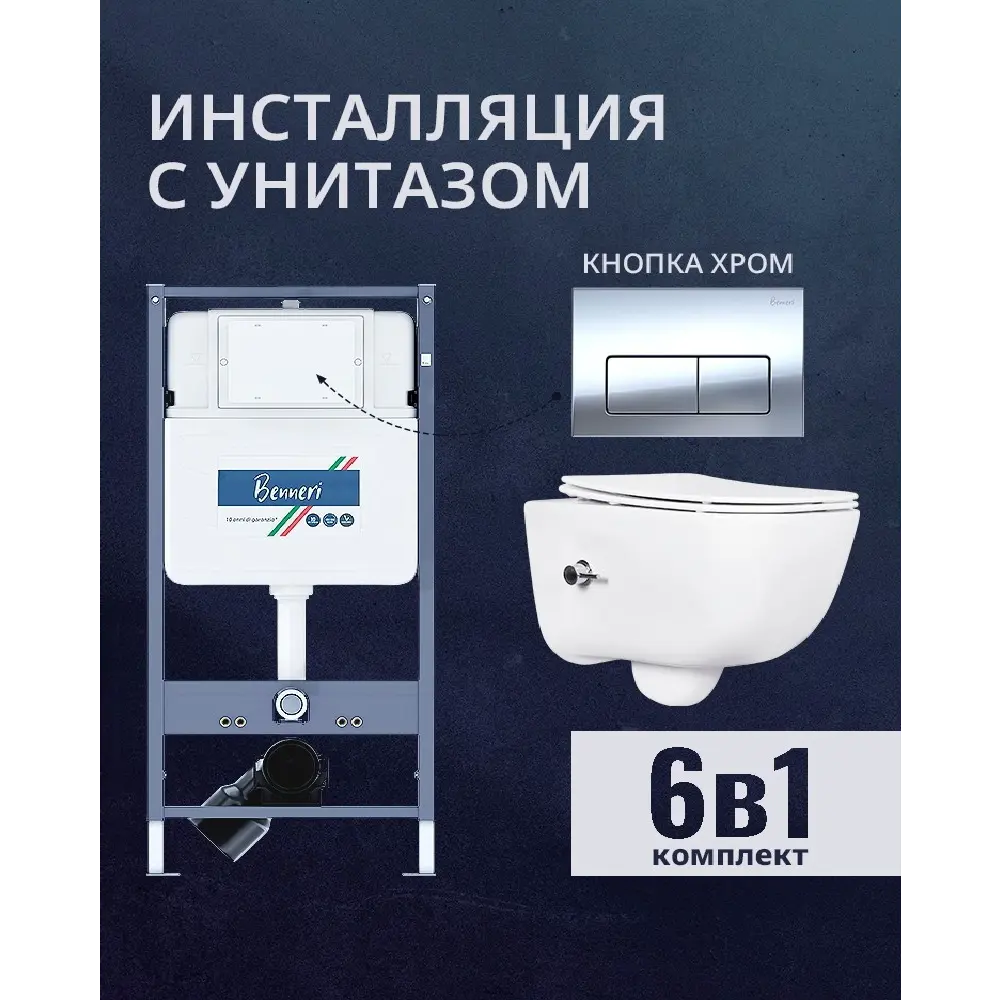 Фото Комплект инсталляция и унитаз Benneri B4.53.015B.AQ2012B с кнопкой и сиденьем микролифт