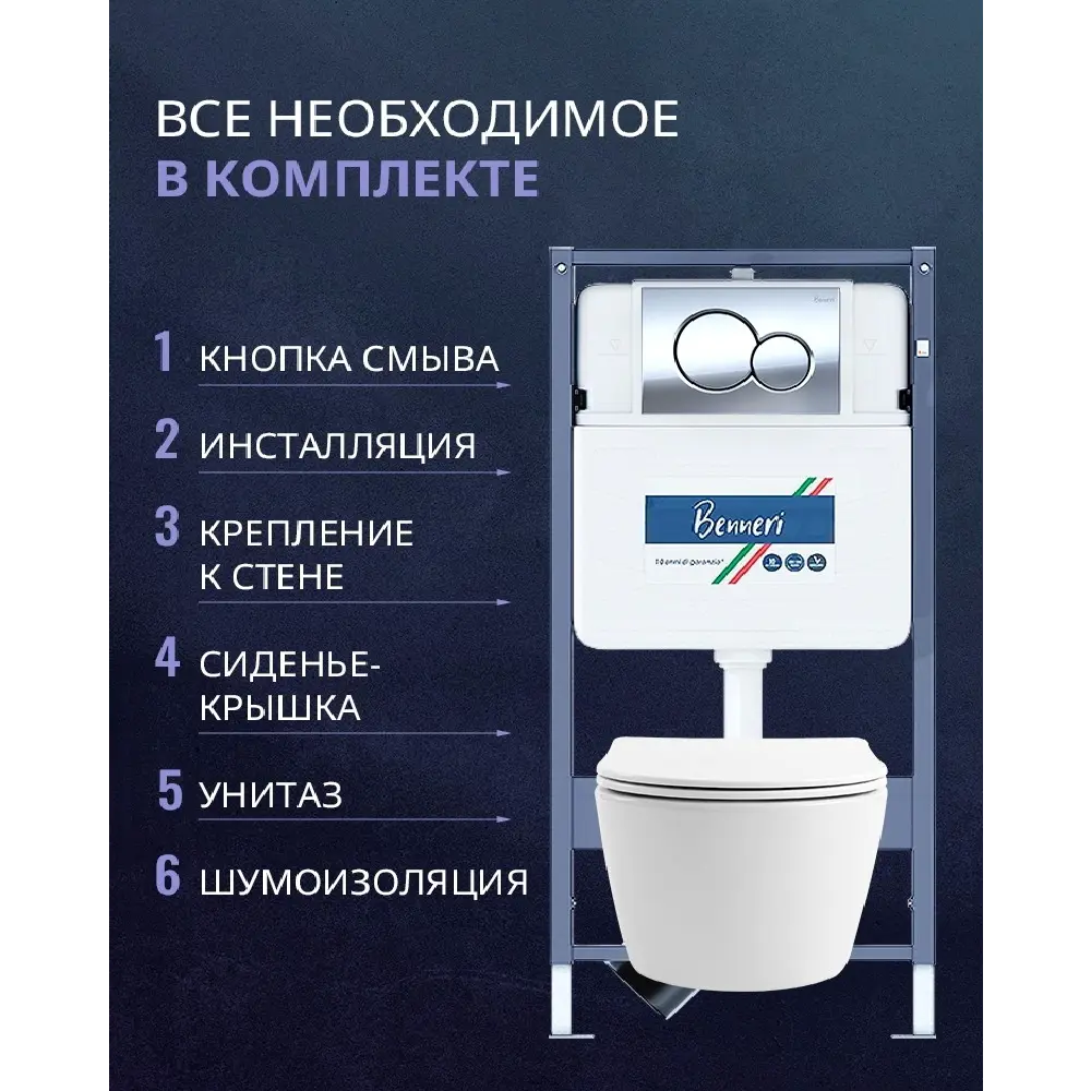Фото 2 Комплект инсталляция и унитаз Benneri B4.53.019B.AQ1106L с кнопкой и сиденьем микролифт