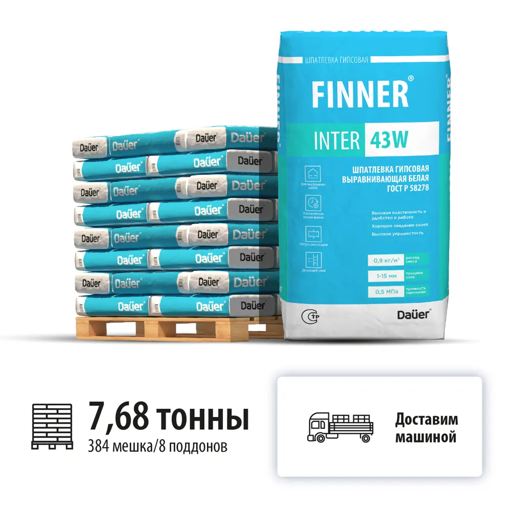 Фото Шпатлевка гипсовая выравнивающая Dauer Finner Inter 43W цвет белый комплект 20кг x 384шт машиной без выгрузки Фото Шпатлевка гипсовая выравнивающая Dauer Finner Inter 43W цвет белый комплект 20кг x 384шт машиной без выгрузки