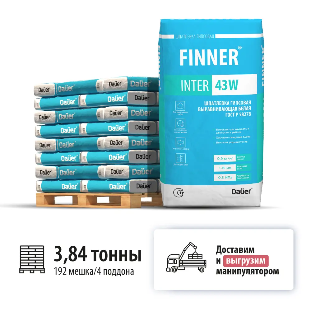 Фото Шпатлевка гипсовая выравнивающая Dauer Finner Inter 43W цвет белый комплект 20кг x 192шт машиной манипулятором Фото Шпатлевка гипсовая выравнивающая Dauer Finner Inter 43W цвет белый комплект 20кг x 192шт машиной манипулятором