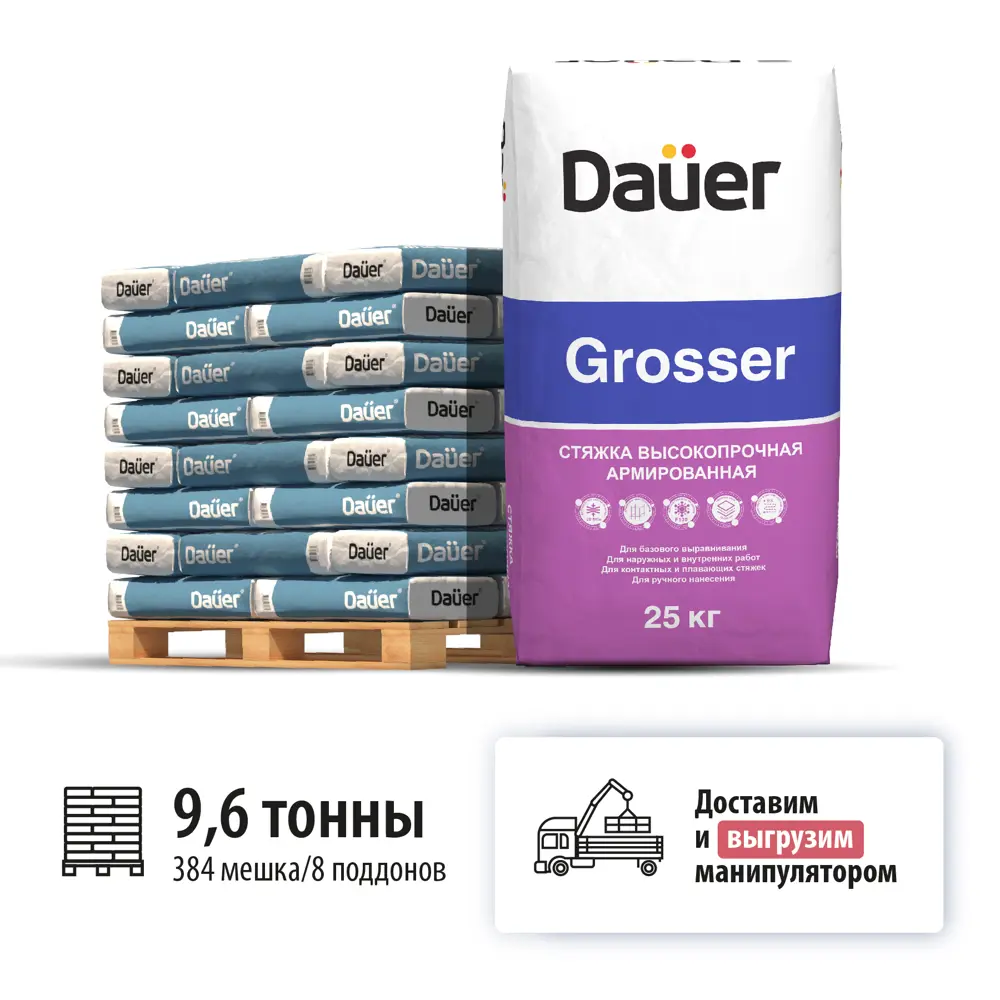 Фото Стяжка Dauer Grosser цвет серый комплект 25кг x 384шт с доставкой 10т машиной манипулятором Фото Стяжка Dauer Grosser цвет серый комплект 25кг x 384шт с доставкой 10т машиной манипулятором
