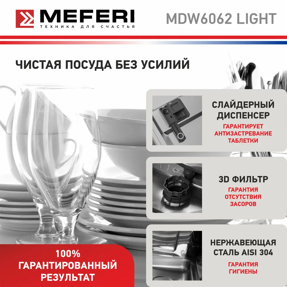 Фото 4 Встраиваемая посудомоечная машина Meferi MDW6062 LIGHT 60 см 6 программ цвет серый Фото 4 Встраиваемая посудомоечная машина Meferi MDW6062 LIGHT 60 см 6 программ цвет серый