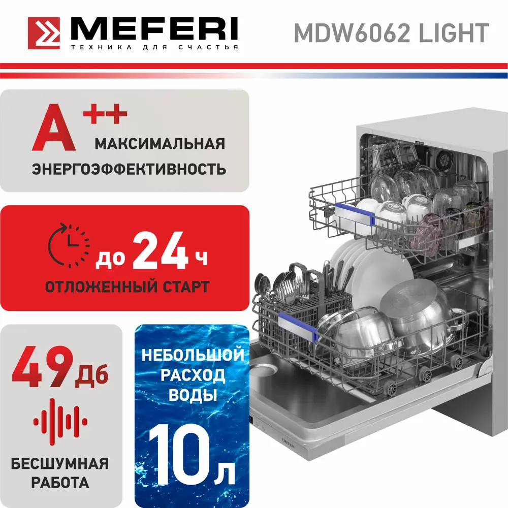 Фото 6 Встраиваемая посудомоечная машина Meferi MDW6062 LIGHT 60 см 6 программ цвет серый Фото 6 Встраиваемая посудомоечная машина Meferi MDW6062 LIGHT 60 см 6 программ цвет серый