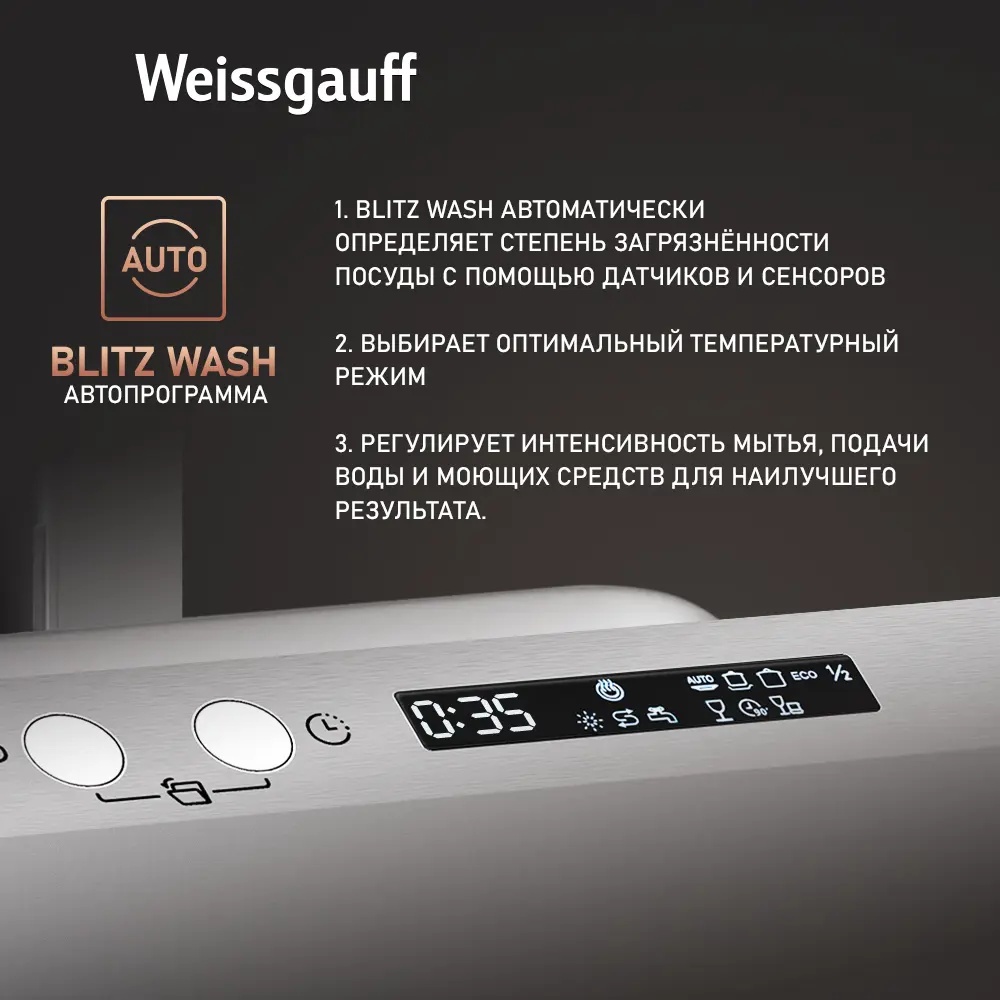 Фото 8 Встраиваемая посудомоечная машина Weissgauff BDW 4575 D Inverter AutoOpen Timer Floor 44.8 см 7 программ цвет серый/серебристый Фото 8 Встраиваемая посудомоечная машина Weissgauff BDW 4575 D Inverter AutoOpen Timer Floor 44.8 см 7 программ цвет серый/серебристый