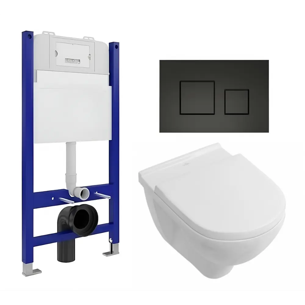 Фото Комплект инсталляции 3 в 1 Enio Tecnico EN8050050 с унитазом Villeroy O Novo Directflush и кнопка черная матовая Cubo Фото Комплект инсталляции 3 в 1 Enio Tecnico EN8050050 с унитазом Villeroy O Novo Directflush и кнопка черная матовая Cubo