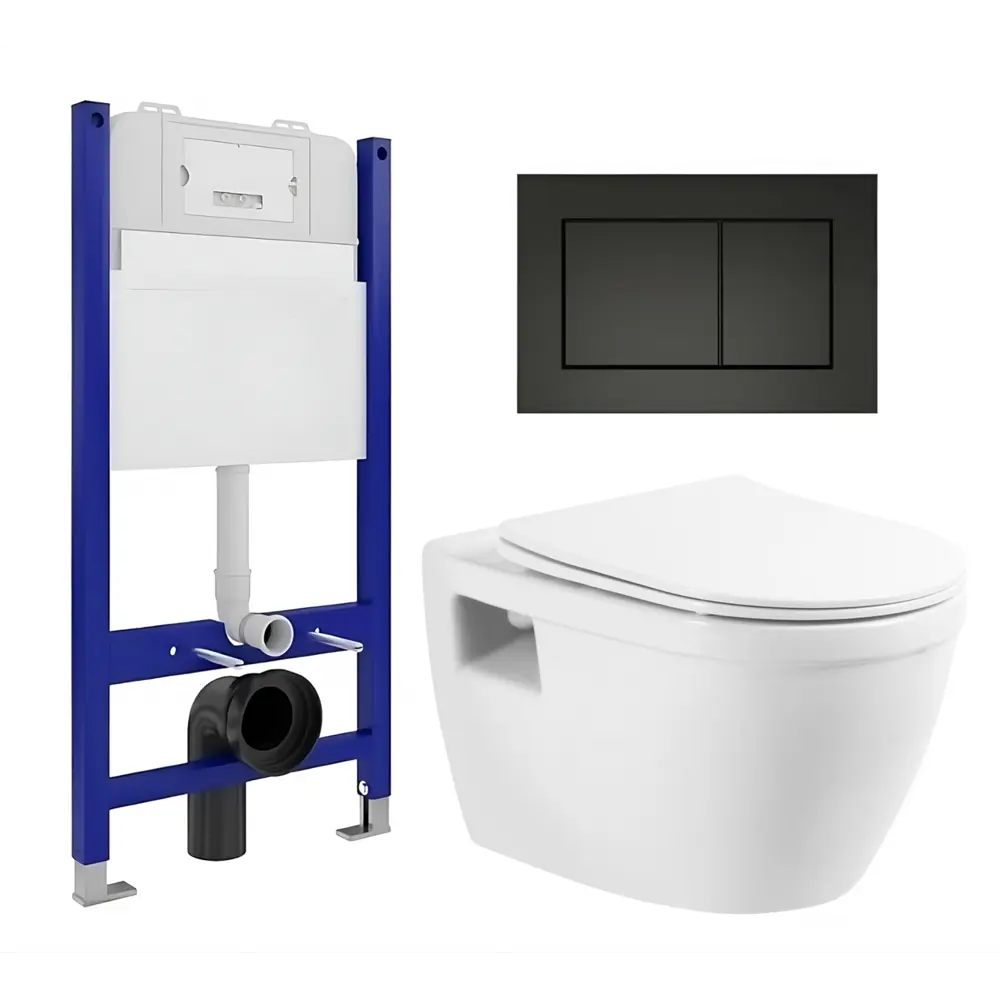 Фото Комплект инсталляции 3 в 1 Enio Tecnico 50 с унитазом BelBagno Loto BB070CHR/SC и кнопка черная матовая Quadro