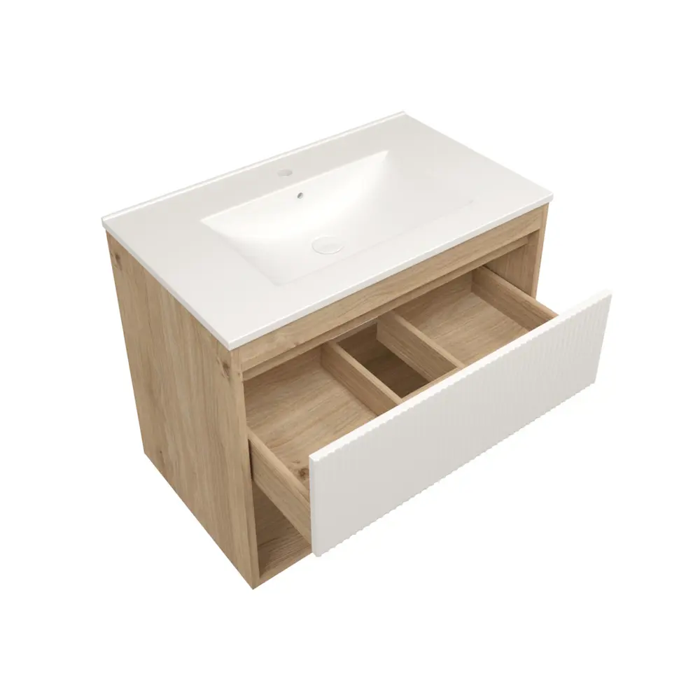 Фото 8 Тумба под раковину подвесная Teymi F16013 75см с раковиной цвет Vitra 75 дуб/белый+ ritta 75