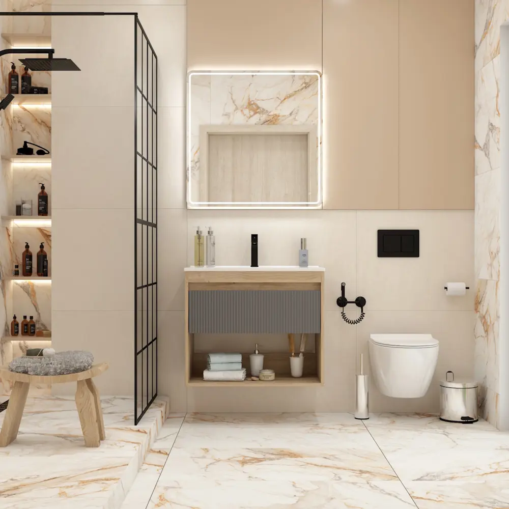 Фото 5 Тумба под раковину подвесная Teymi F16014 75см с раковиной цвет Vitra 75 дуб/графит+ ritta 75