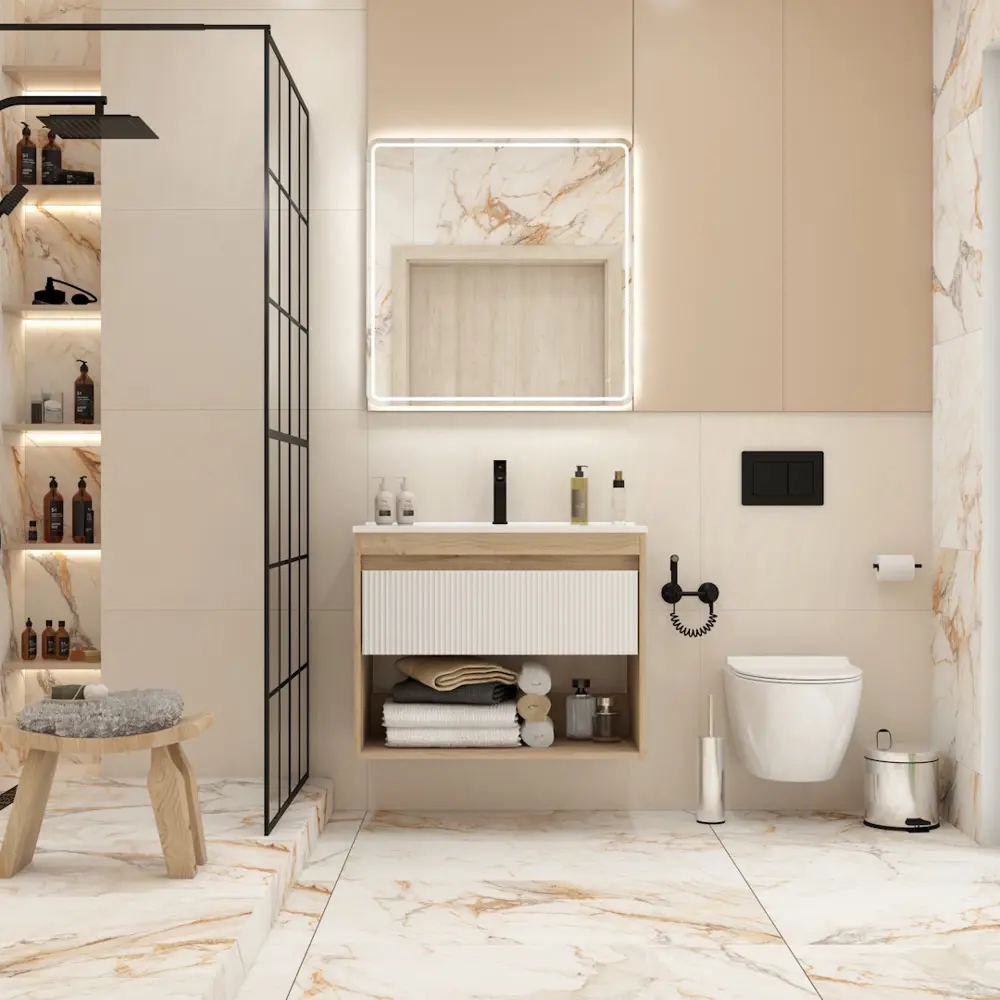 Фото 5 Тумба под раковину подвесная Teymi F16015 80см с раковиной цвет Vitra 80 дуб/белый+ ritta 80