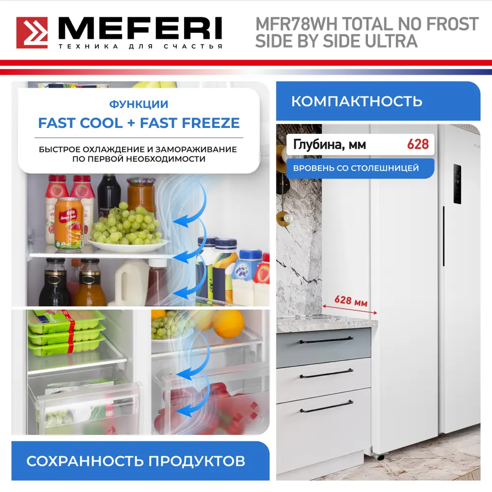 Фото 6 Холодильник Meferi MFR78WH TOTAL NO FROST SIDE BY SIDE ULTRA 78x171.4 см цвет белый Фото 6 Холодильник Meferi MFR78WH TOTAL NO FROST SIDE BY SIDE ULTRA 78x171.4 см цвет белый