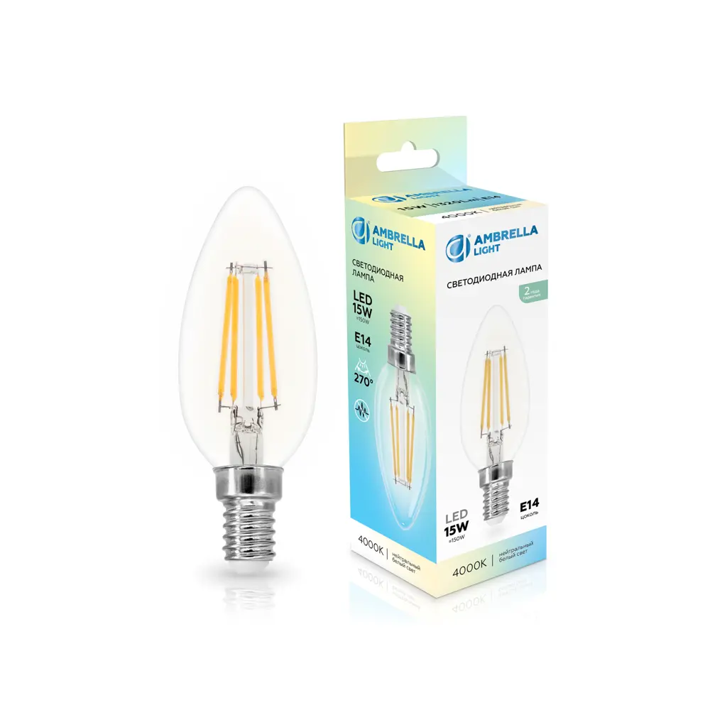 Фото Лампочка светодиодная Ambrella light 351514 E14 220-240 В 15 Вт свеча прозрачная 1320 Лм нейтральный белый свет