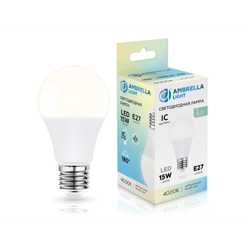 Фото Лампочка светодиодная Ambrella light 601504 E27 175-265 В 15 Вт груша белая 1350 Лм нейтральный белый свет