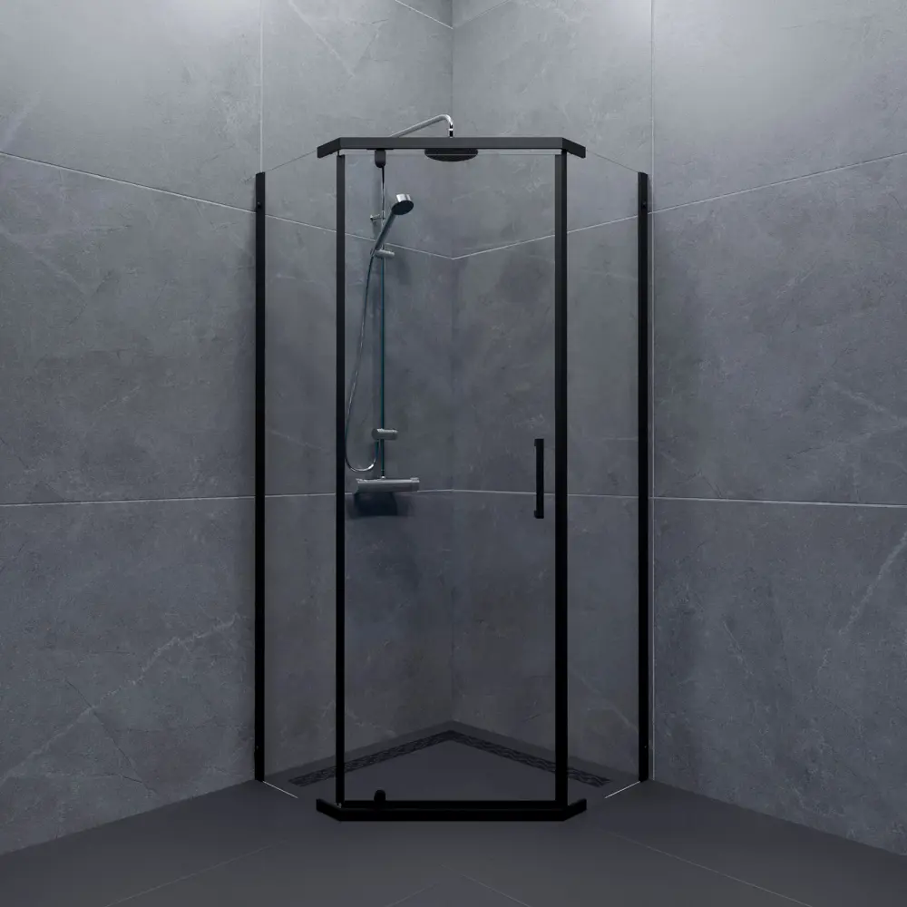 Фото Душевой уголок Triton Грета пентагональный 100x100 см черный профиль прозрачное стекло распашной